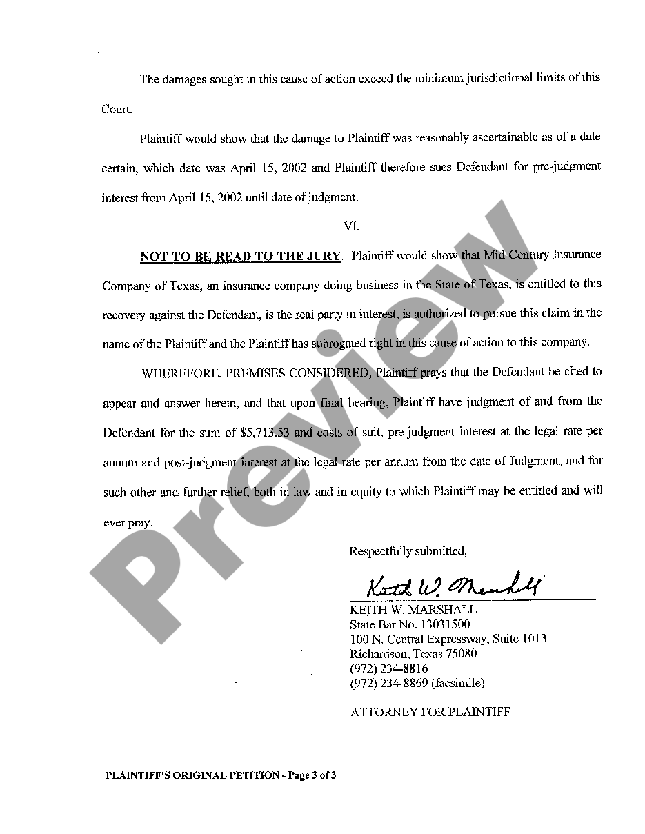 page 2 A01 Plaintiff's Original Petition for Automobile Motor Vehicle Accident preview
