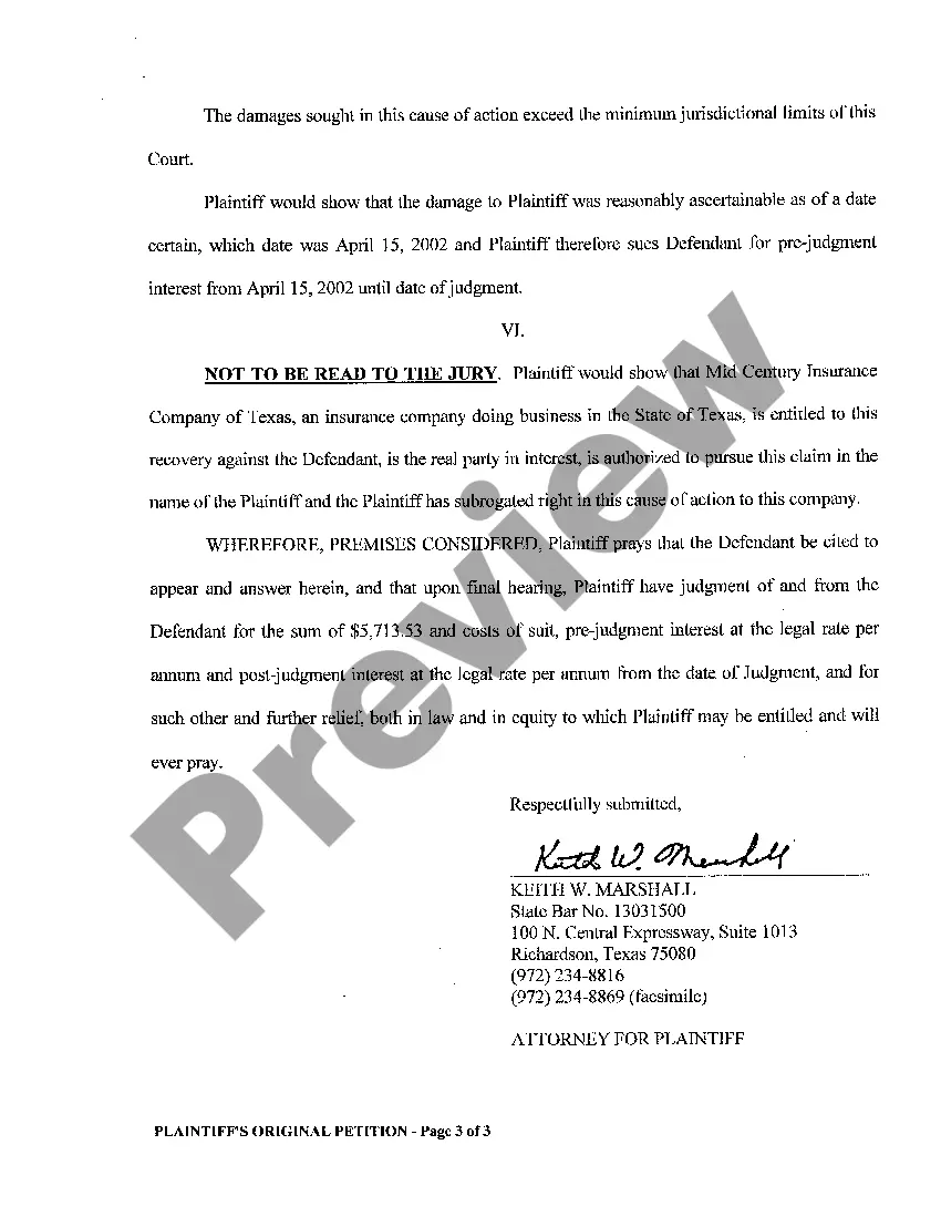 Preview A01 Plaintiff's Original Petition for Automobile Motor Vehicle Accident