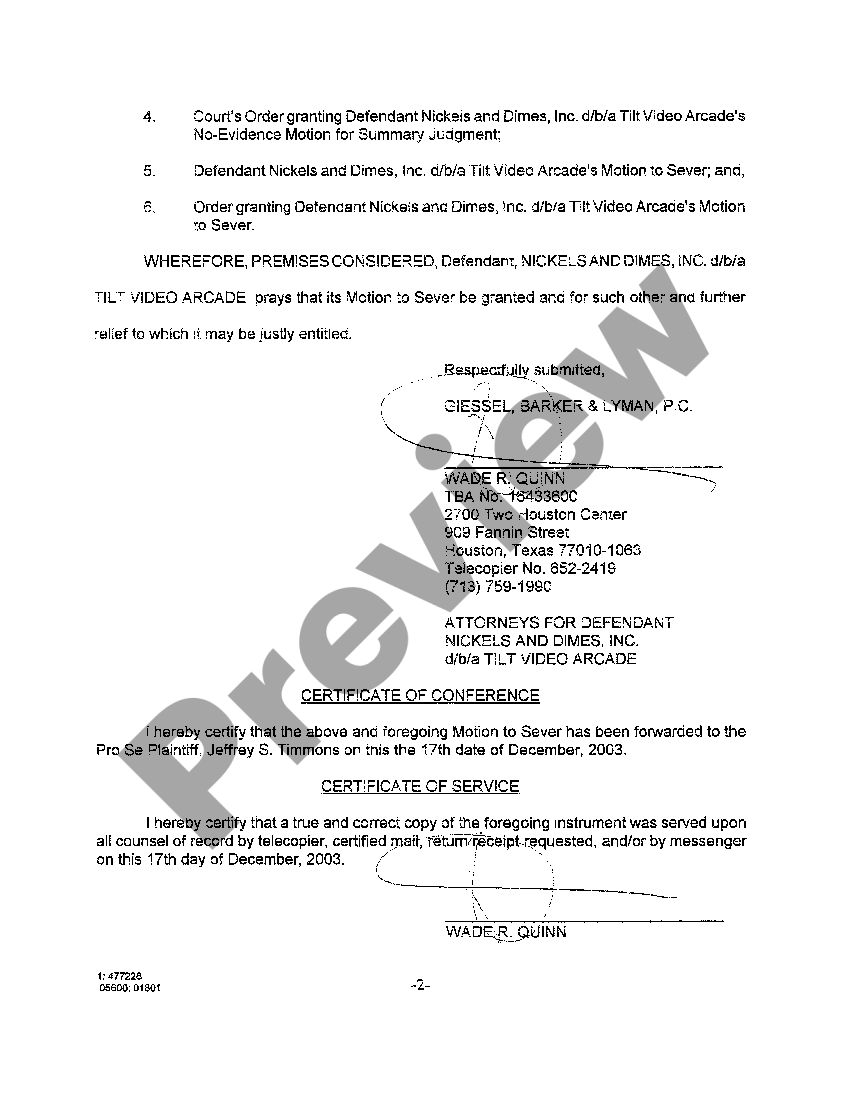 Arlington Texas Defendant's Motion to Sever Motion To Sever Texas