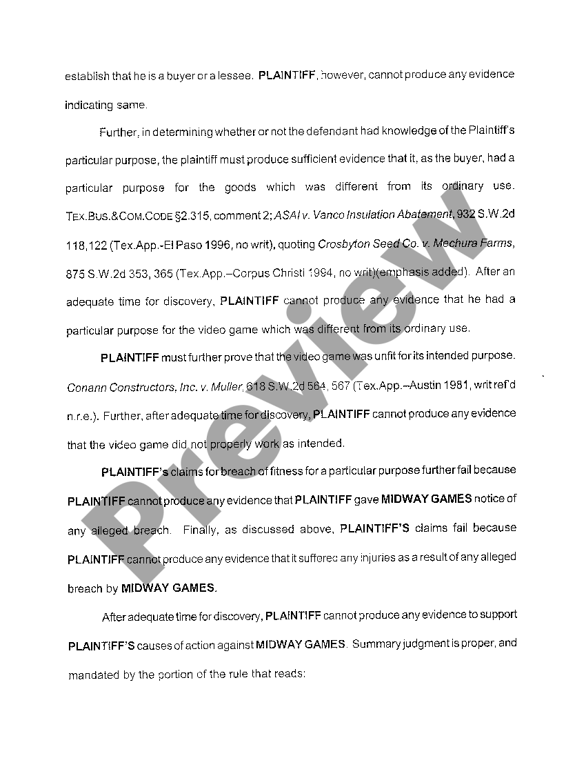 Texas Motion for Summary Judgment by one Defendant US Legal Forms