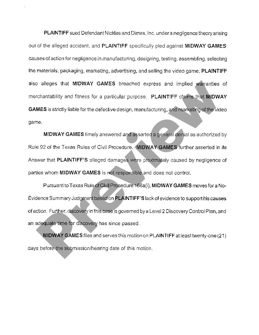Texas Motion for Summary Judgment by one Defendant US Legal Forms