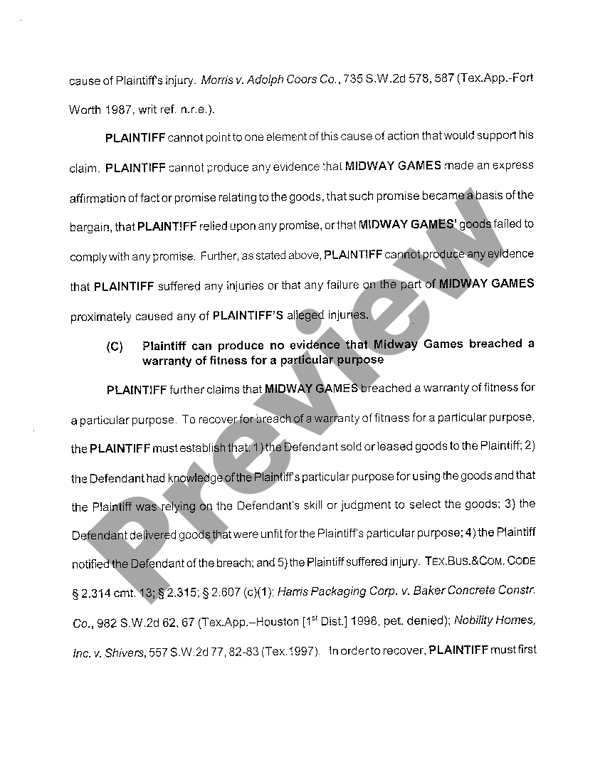 Killeen Texas Motion for Summary Judgment by one Defendant US Legal Forms