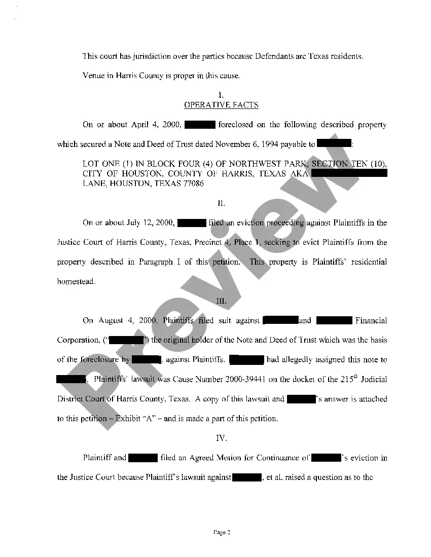 Get A01 Plaintiff's Petition for Injunctive Relief, Fraud and Estoppels regarding Foreclosure Preview A01 Plaintiff's Petition for Injunctive Relief, Fraud and Estoppels regarding Foreclosure