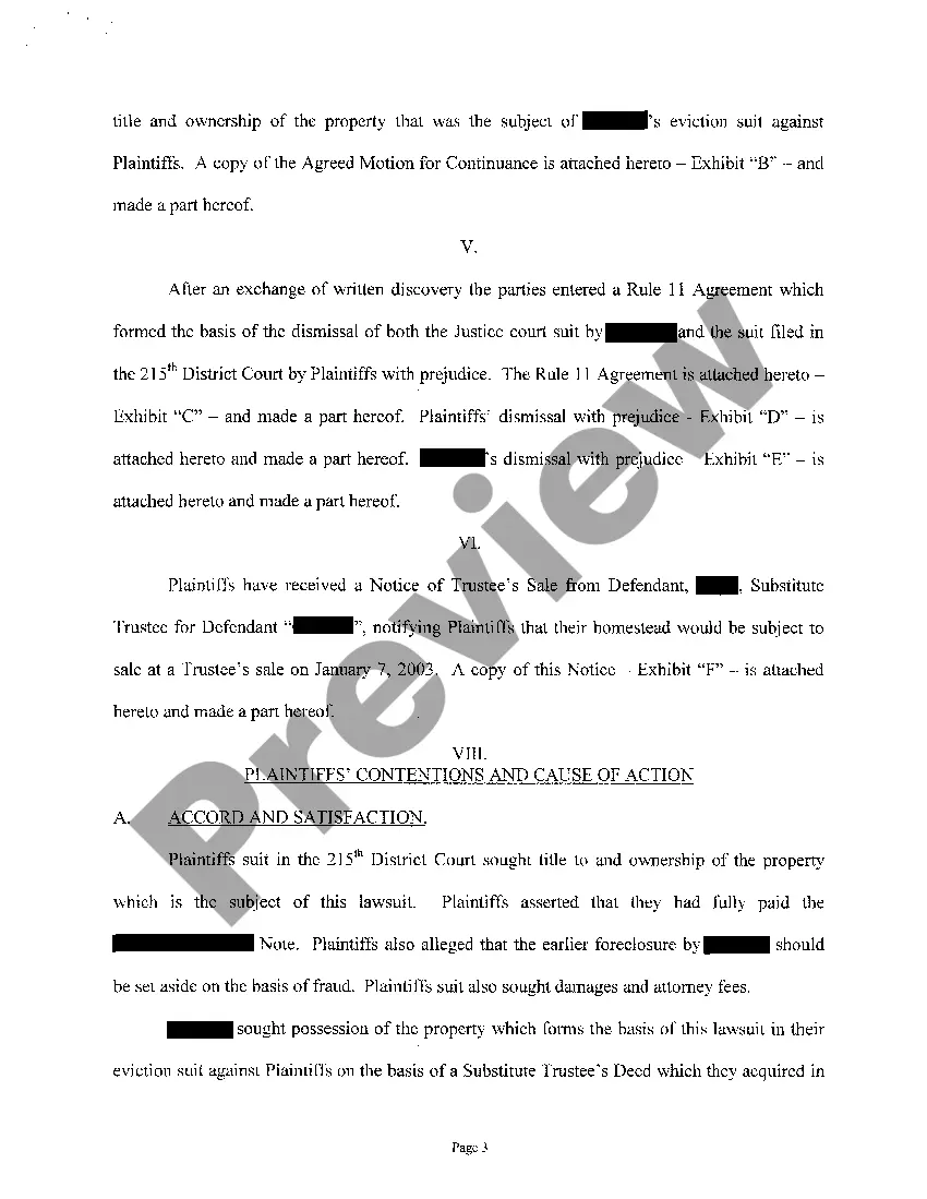 Get A01 Plaintiff's Petition for Injunctive Relief, Fraud and Estoppels regarding Foreclosure Preview A01 Plaintiff's Petition for Injunctive Relief, Fraud and Estoppels regarding Foreclosure