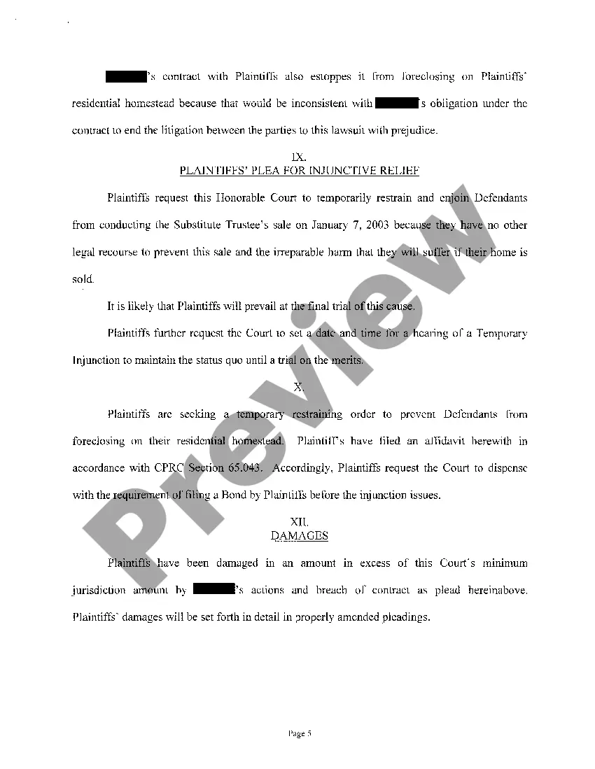 Get A01 Plaintiff's Petition for Injunctive Relief, Fraud and Estoppels regarding Foreclosure Preview A01 Plaintiff's Petition for Injunctive Relief, Fraud and Estoppels regarding Foreclosure