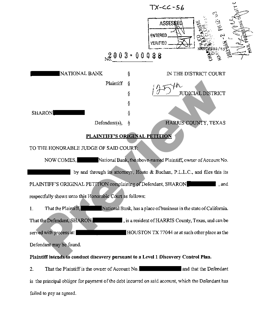 Plano Texas Plaintiff s Original Petition For Debt Collection US