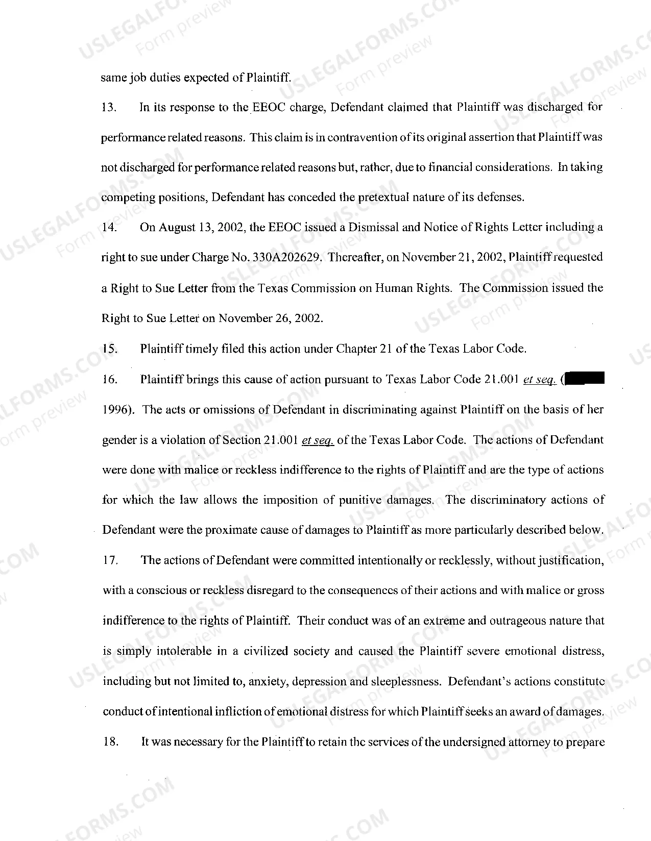 Preview A01 Plaintiff's Original Petition for Employment Termination due to Sex Discrimination