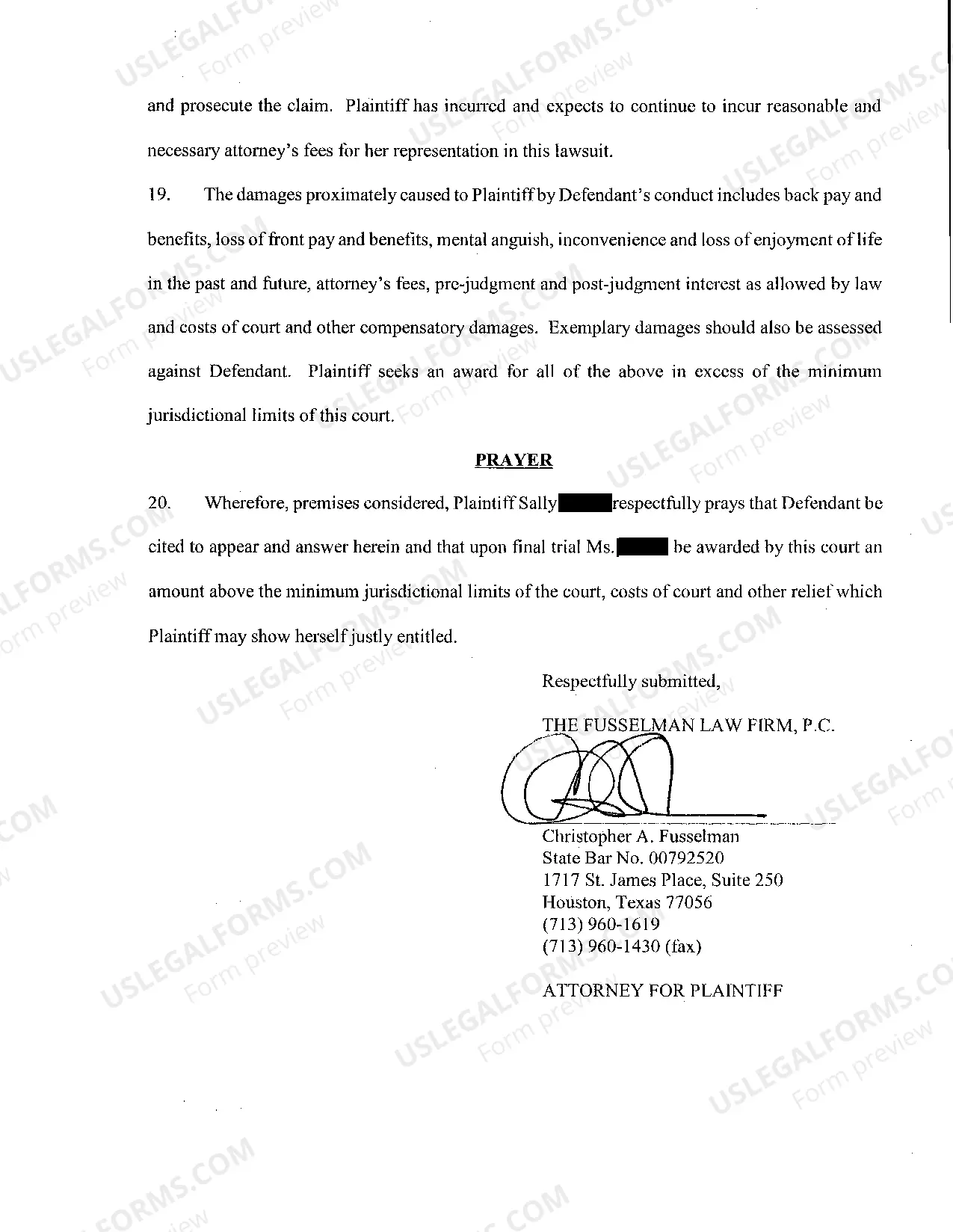 Preview A01 Plaintiff's Original Petition for Employment Termination due to Sex Discrimination