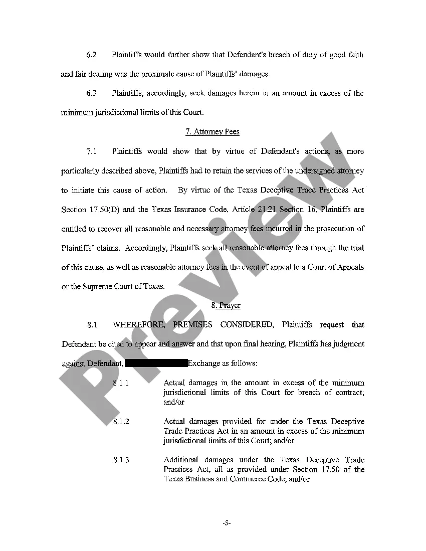 Preview A01 Plaintiff's Original Petition for Breach of Insurance Policy