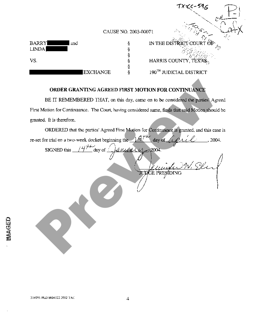 Texas Order Granting Continuance US Legal Forms