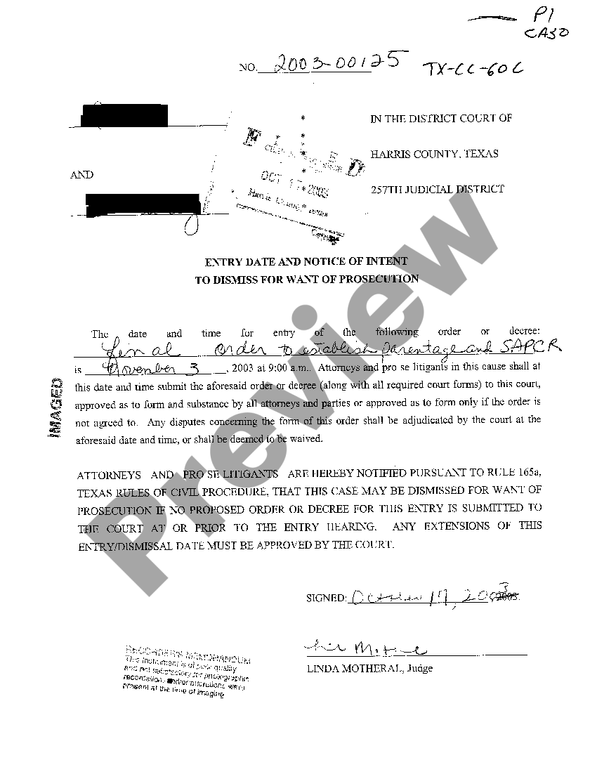 Texas Entry Date and Notice of Intent To Dismiss US Legal Forms