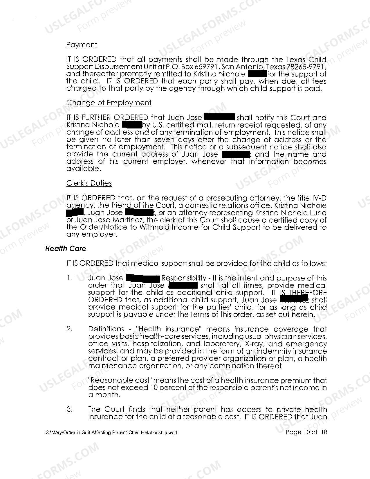 McKinney Texas Order in Suit Affecting the Parent / Child Relationship Temporary Orders In