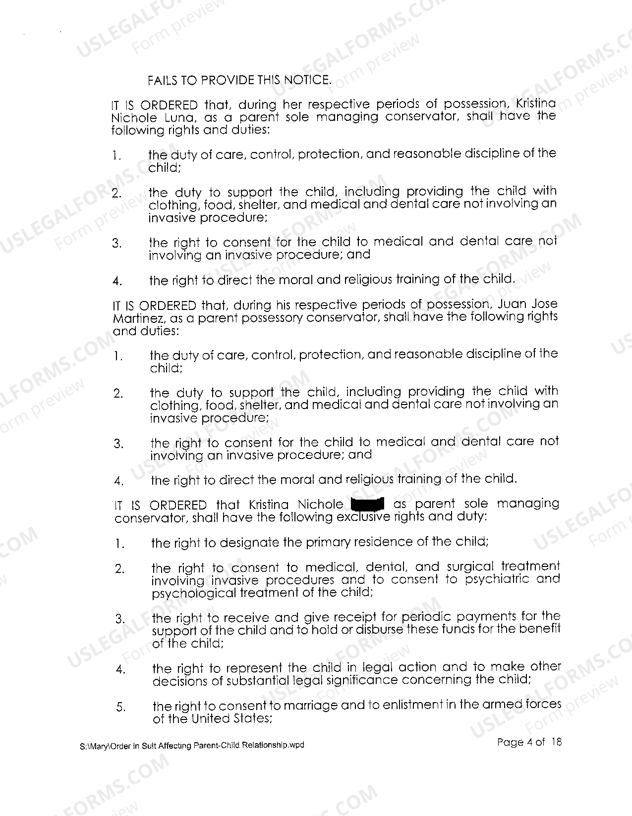 McKinney Texas Order in Suit Affecting the Parent / Child Relationship Temporary Orders In