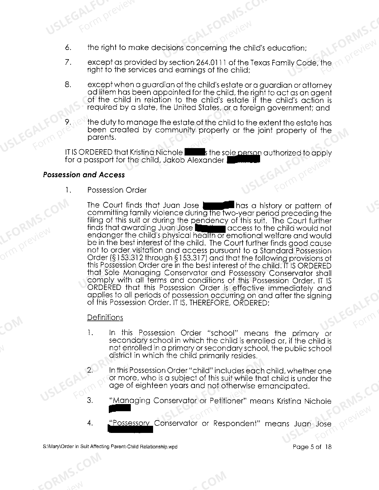 McKinney Texas Order in Suit Affecting the Parent / Child Relationship Temporary Orders In