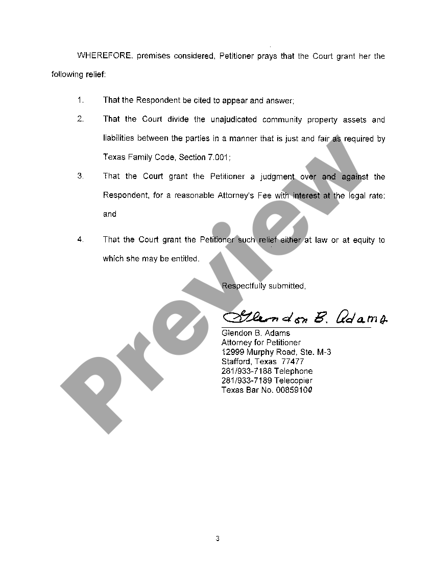 Texas Petition to Partition Community Property Petition For Partition