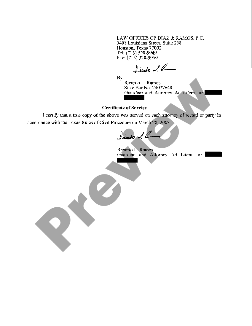 Plano Texas Guardian and Attorney Ad Litem's Answer US Legal Forms