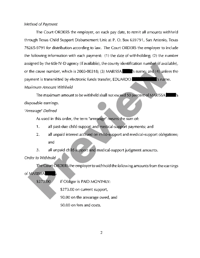 Preview A08 Order to Withhold From Earnings Child Support