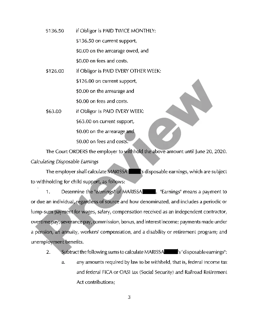 Preview A08 Order to Withhold From Earnings Child Support