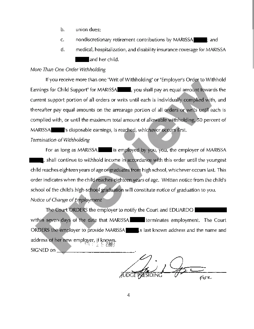 Preview A08 Order to Withhold From Earnings Child Support