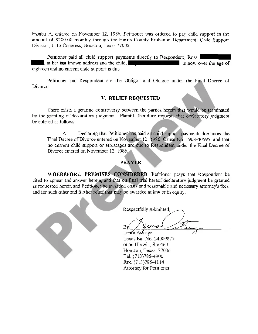Get A01 Original Petition for Declaratory Judgment regarding Child Support Preview A01 Original Petition for Declaratory Judgment regarding Child Support