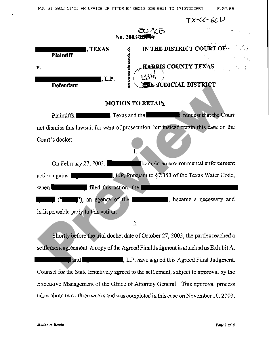 Round Rock Texas Motion to Retain on Docket Injunctions US Legal Forms