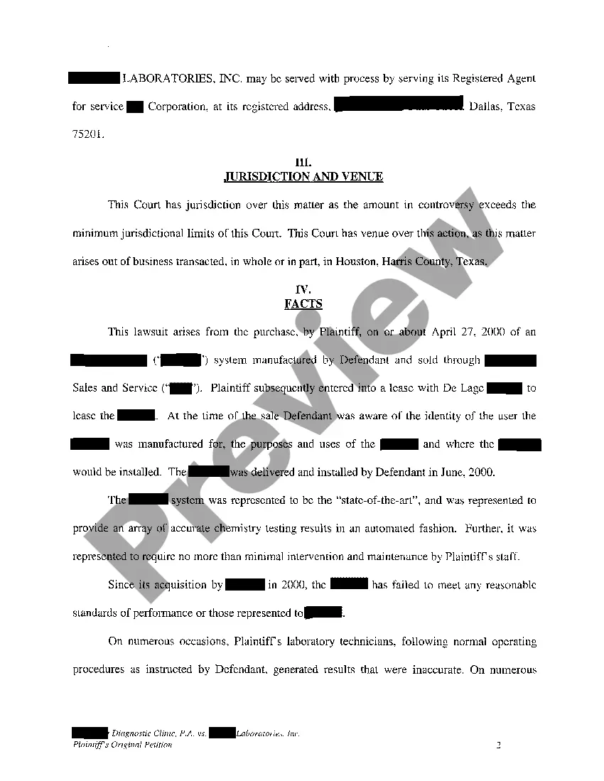 Preview A01 Plaintiff's Original Petition for Breach of Contract regarding Medical Equipment