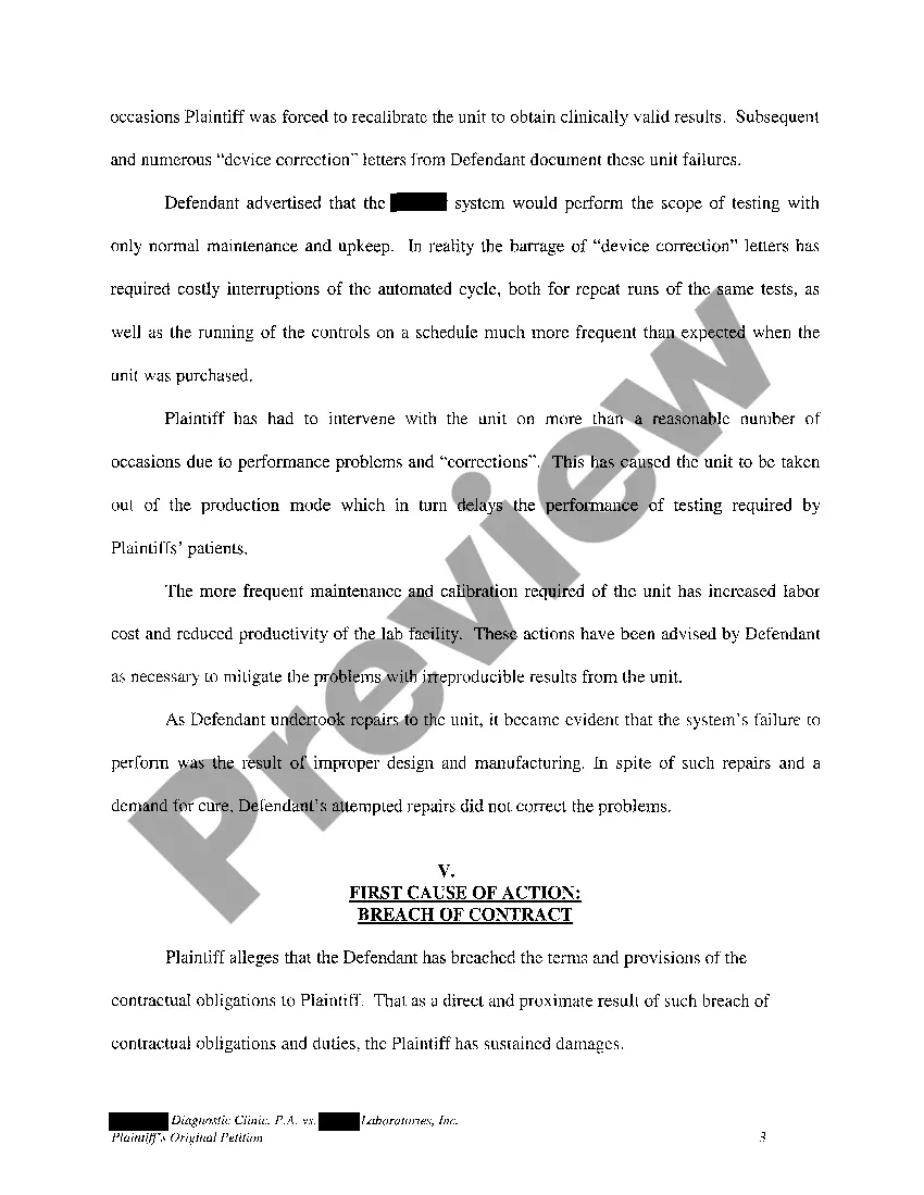 Preview A01 Plaintiff's Original Petition for Breach of Contract regarding Medical Equipment