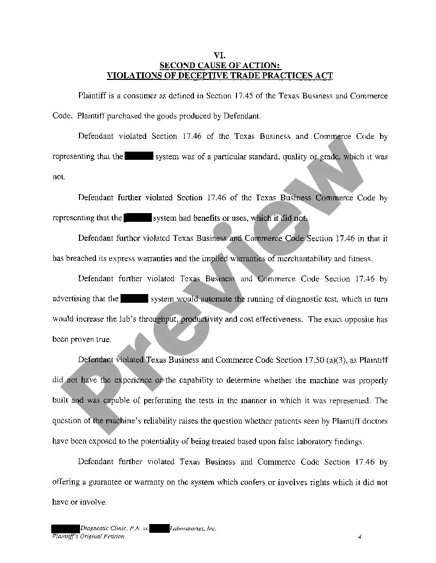 Preview A01 Plaintiff's Original Petition for Breach of Contract regarding Medical Equipment