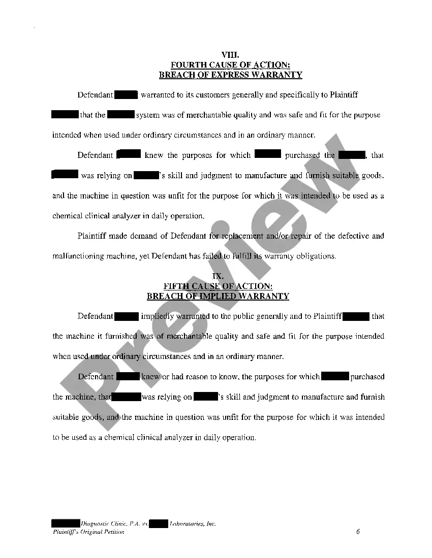 Preview A01 Plaintiff's Original Petition for Breach of Contract regarding Medical Equipment