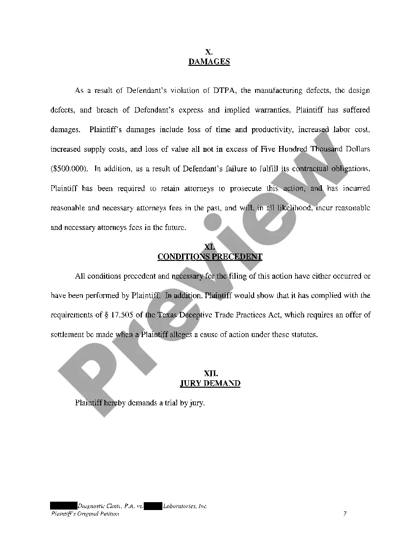 Preview A01 Plaintiff's Original Petition for Breach of Contract regarding Medical Equipment