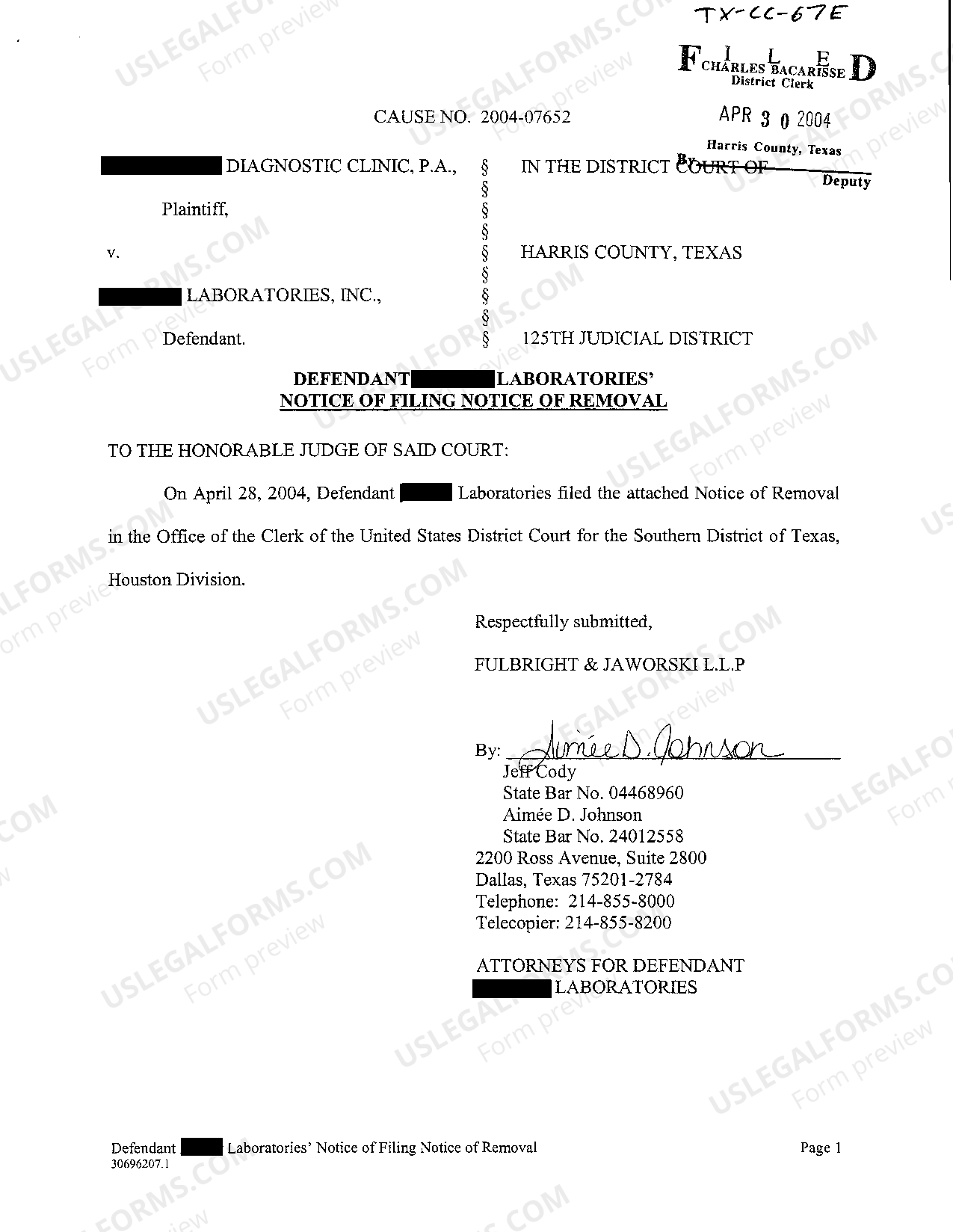 Texas Notice of Filing Notice of Removal US Legal Forms