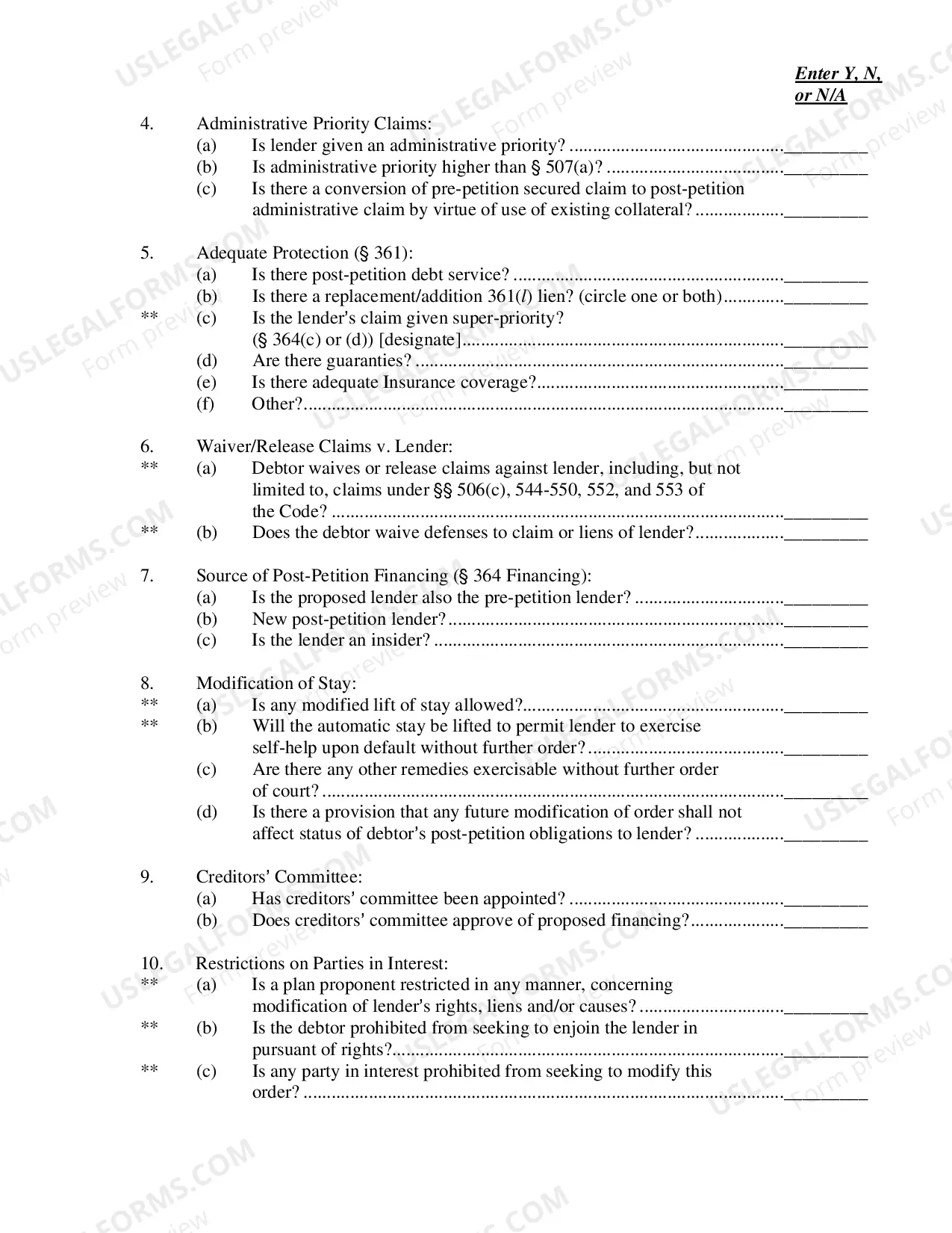 Preview Attorney Checklist Concerning Motions and Orders Pertaining to Use of Cash Collateral and Post-Petition Financing (Which Are in Excess of 10 Pages)