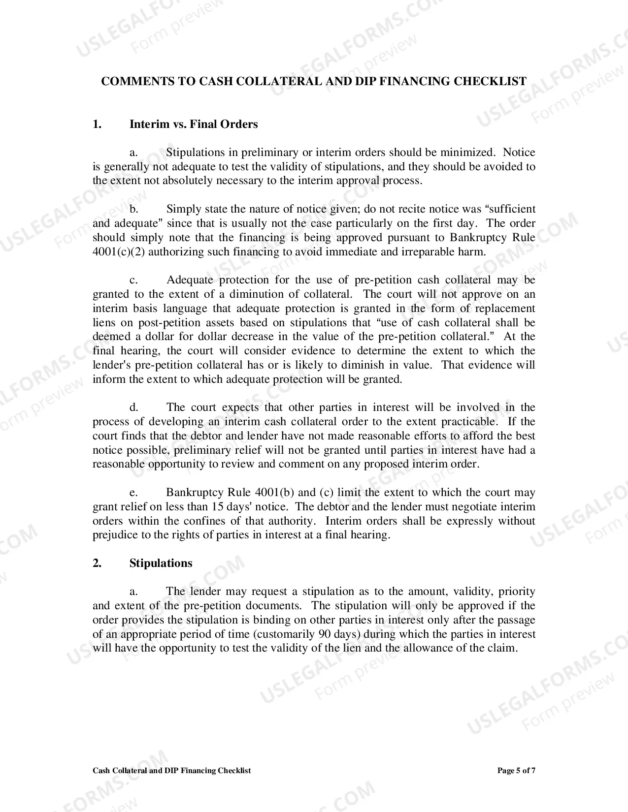 Preview Attorney Checklist Concerning Motions and Orders Pertaining to Use of Cash Collateral and Post-Petition Financing (Which Are in Excess of 10 Pages)