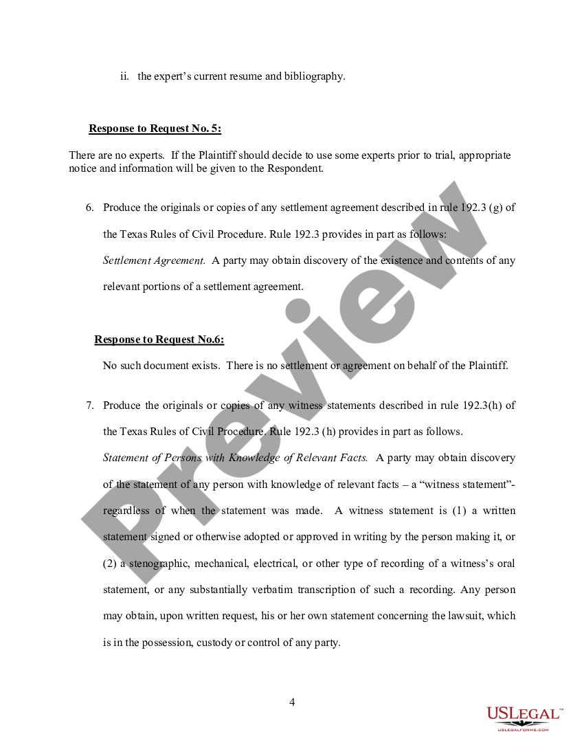 Texas Plaintiff's Response To Request Of Disclosure | US Legal Forms