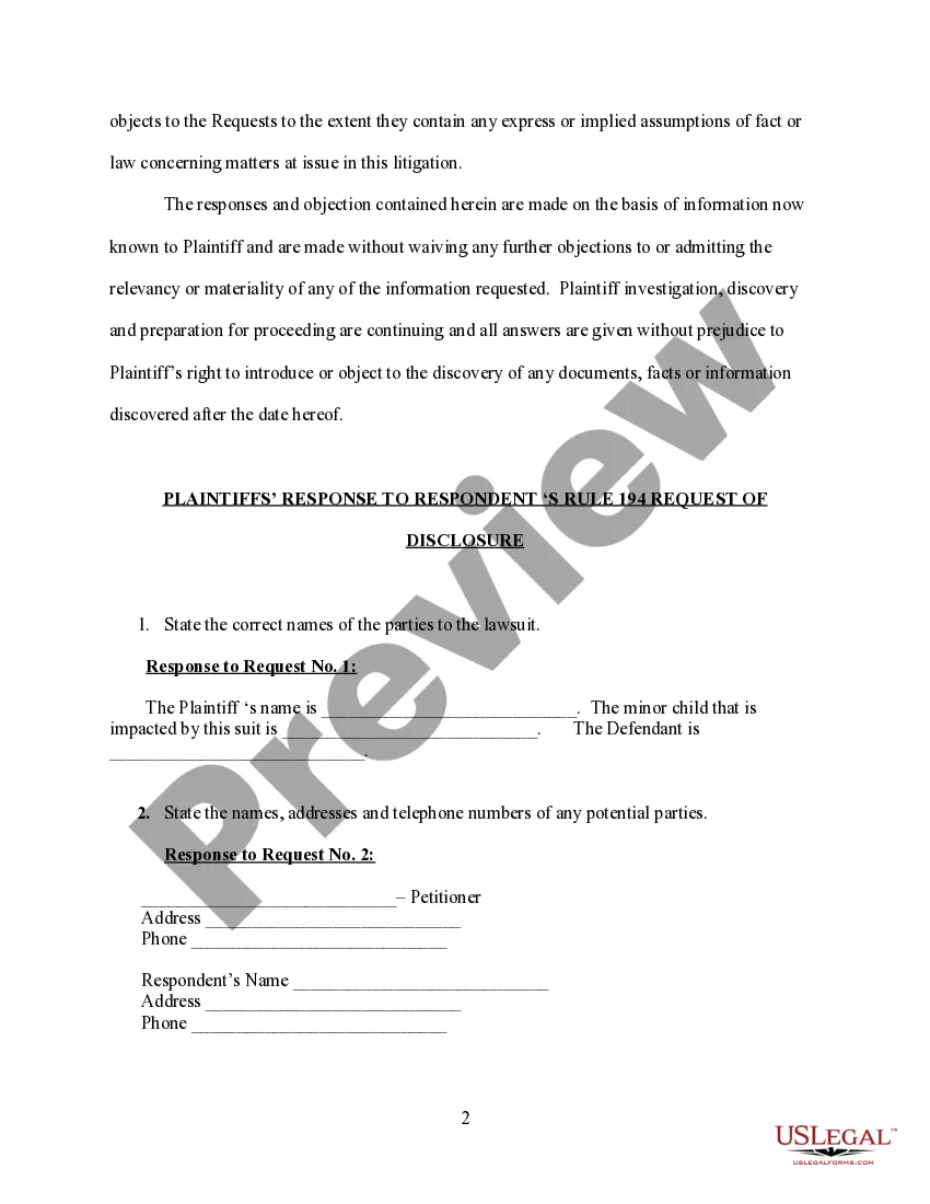 Preview Plaintiff's Response to Request of Disclosure