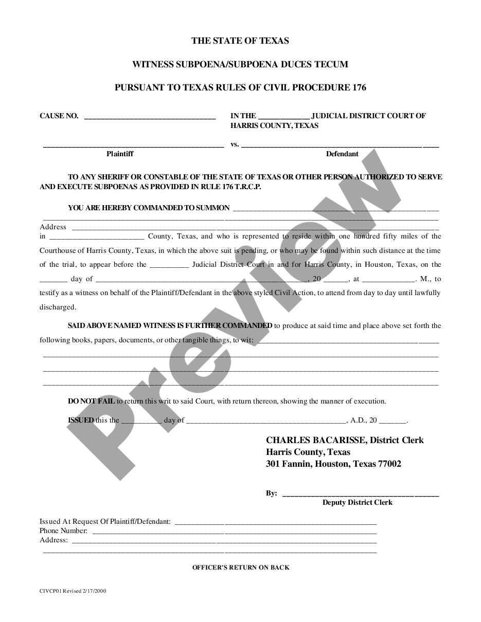 Houston Texas Witness Subpoena Subpoena Duces Tecum US Legal Forms
