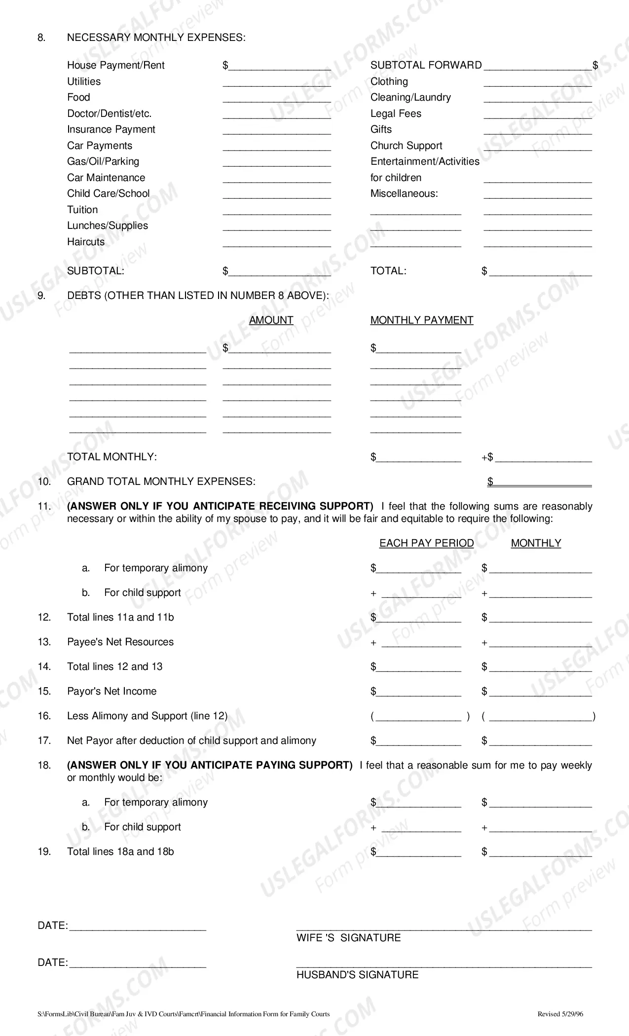 Preview Financial Information Form for Family Courts