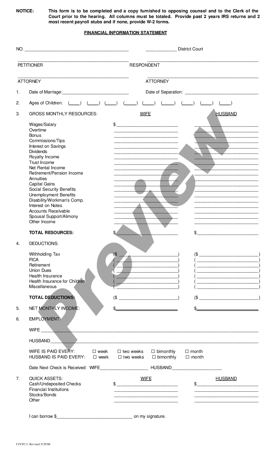page 0 Financial Information Form for Family Courts preview