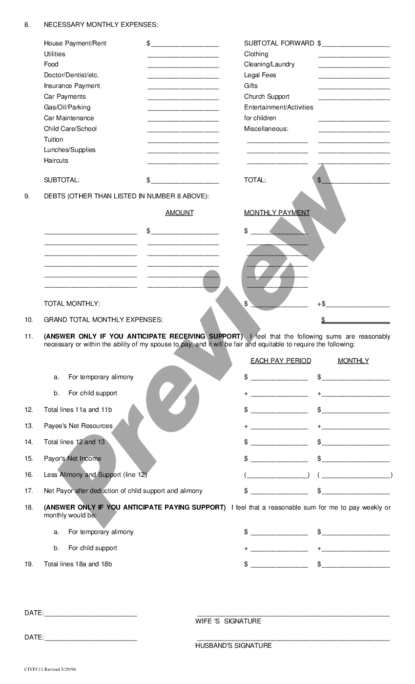 Fort Worth Texas Financial Information Form for Family Courts US