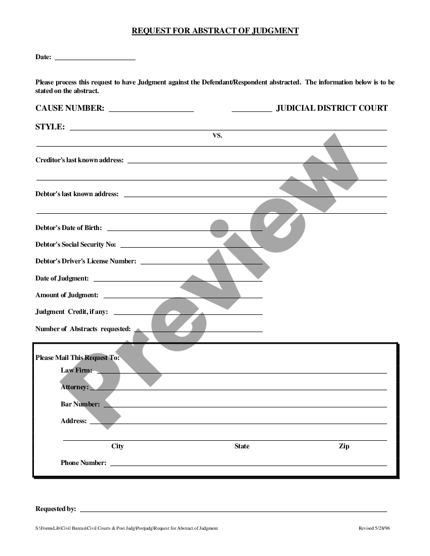 Texas Request For Abstract Of Judgment Us Legal Forms