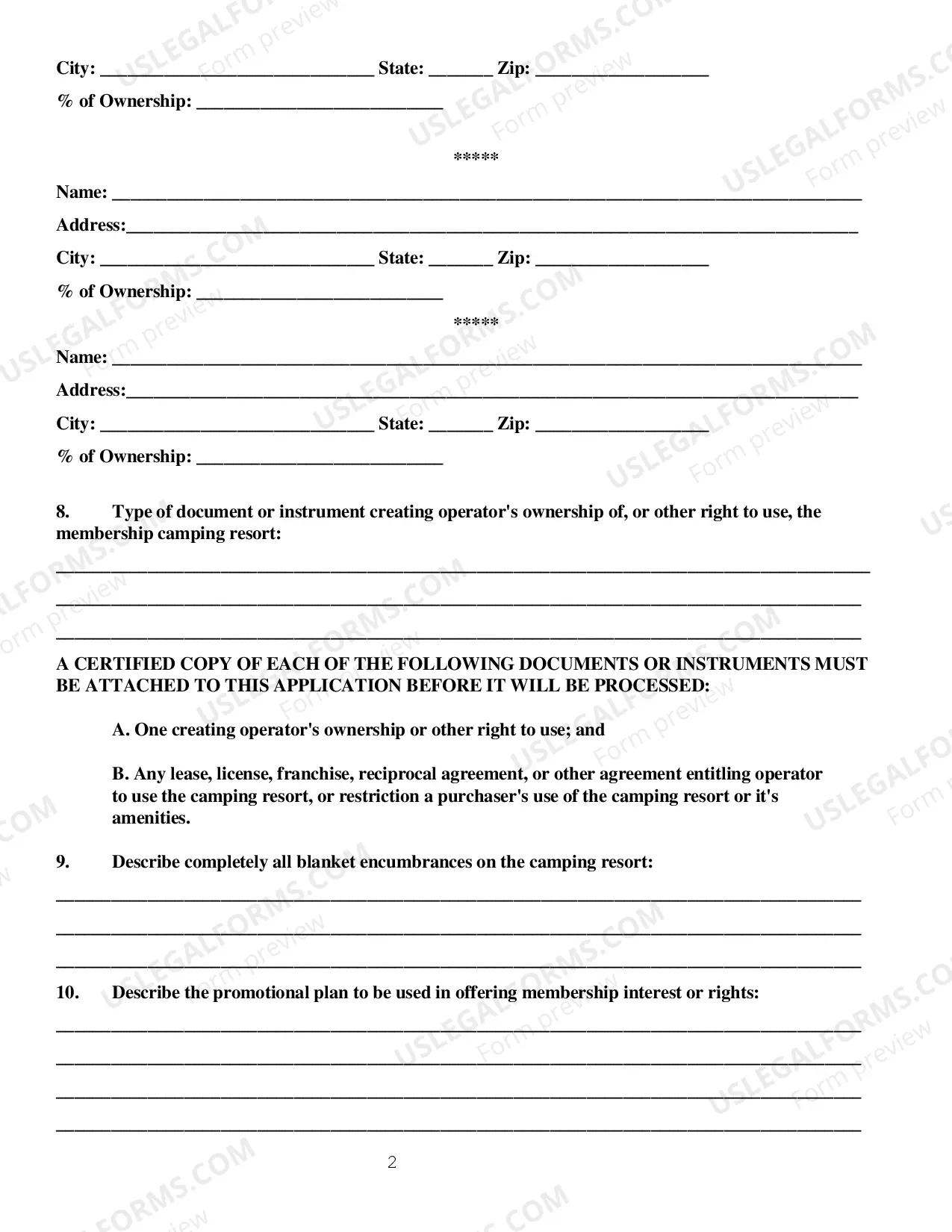 Preview Membership Camping Resort Operator Registration Application