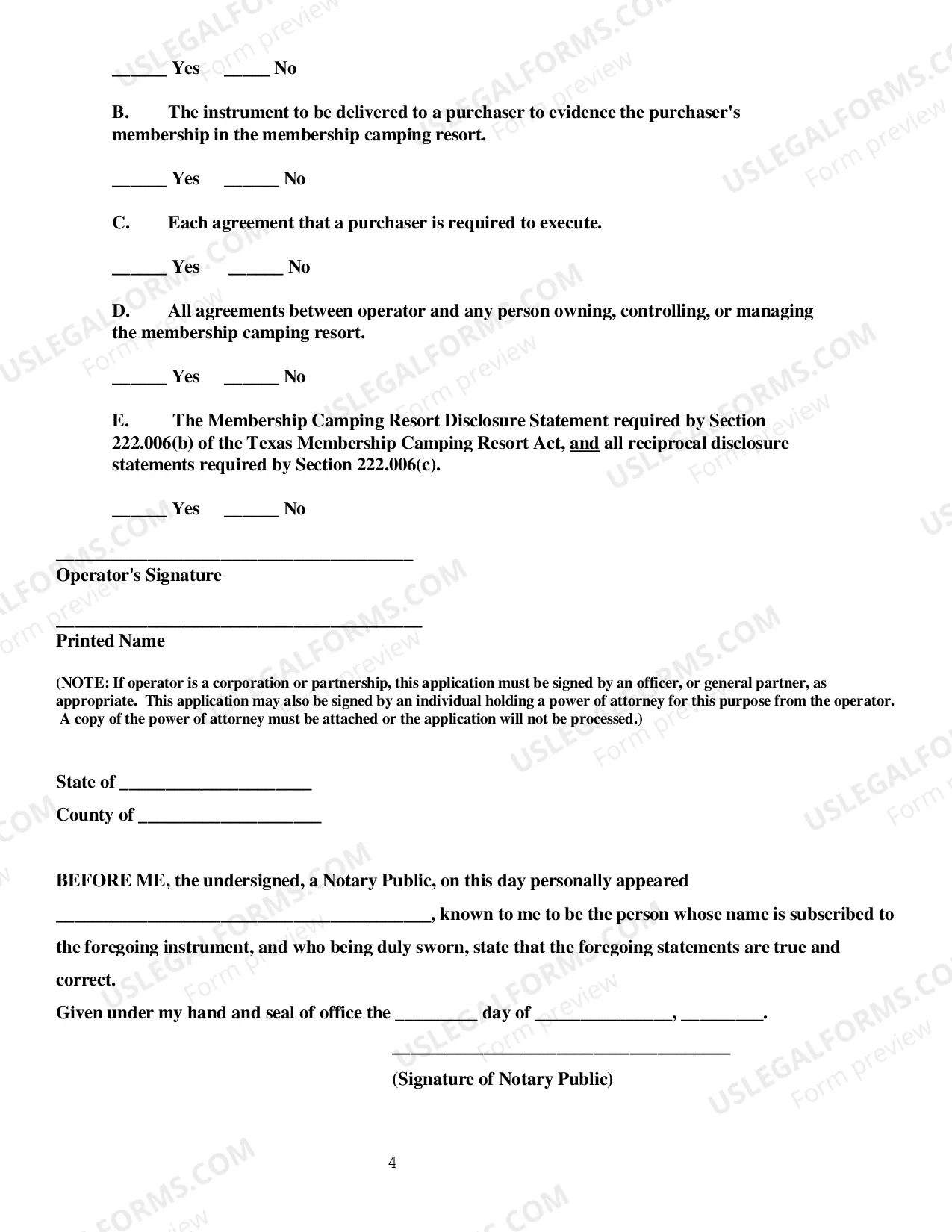 Preview Membership Camping Resort Operator Registration Application