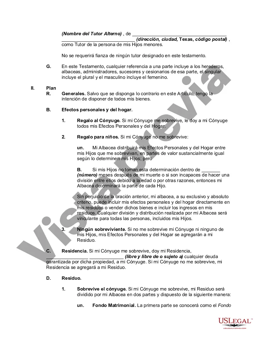 Preview Testamento de una persona casada para el estado de Texas con hijos con un fideicomiso de refugio de crédito para el cónyuge y un fideicomiso para los hijos - Fideicomiso marital