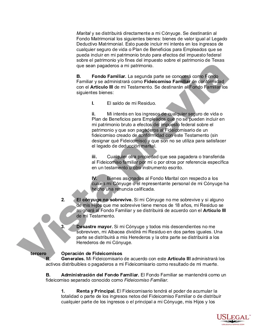Preview Testamento de una persona casada para el estado de Texas con hijos con un fideicomiso de refugio de crédito para el cónyuge y un fideicomiso para los hijos - Fideicomiso marital