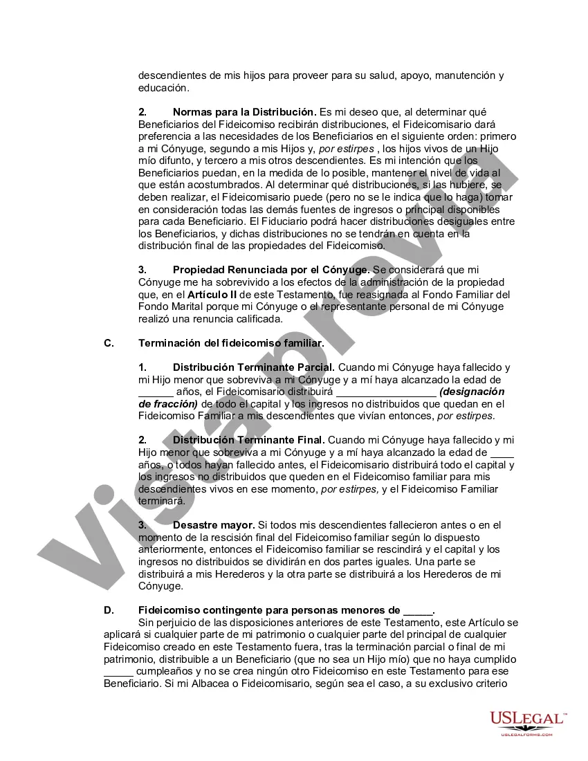 Preview Testamento de una persona casada para el estado de Texas con hijos con un fideicomiso de refugio de crédito para el cónyuge y un fideicomiso para los hijos - Fideicomiso marital