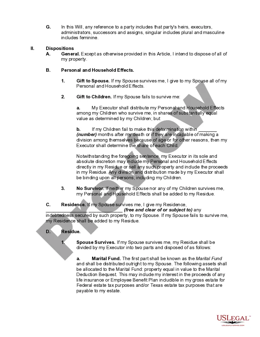 Preview Married Person's Will for the State of Texas with Children With a Credit Shelter Trust for Spouse and a Trust for Children - Marital Trust