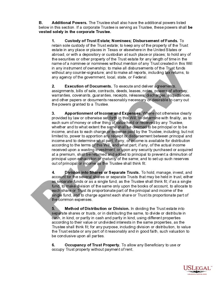 Preview Married Person's Will for the State of Texas with Children With a Credit Shelter Trust for Spouse and a Trust for Children - Marital Trust
