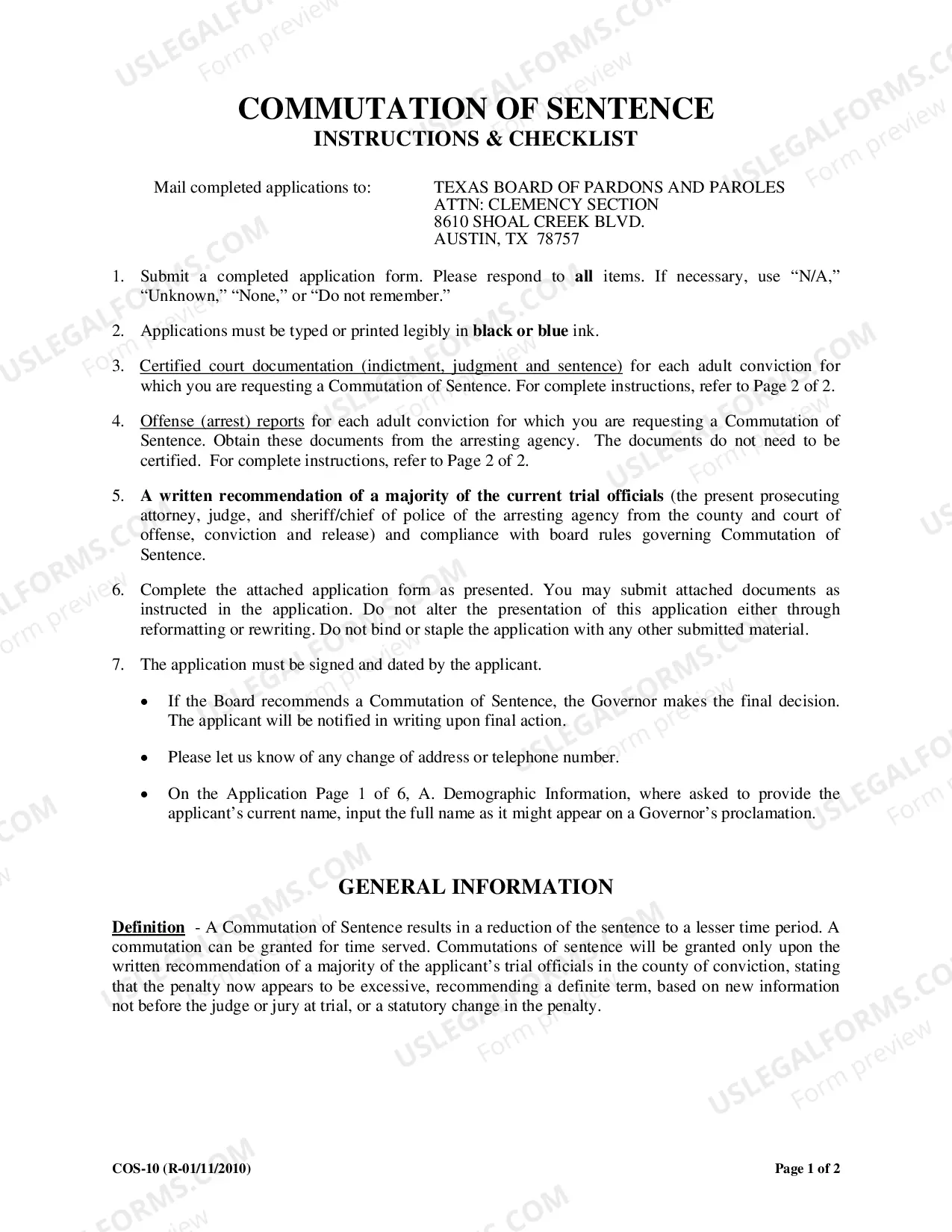 Preview Application for Commutation of Sentence and Instructions and Checklist