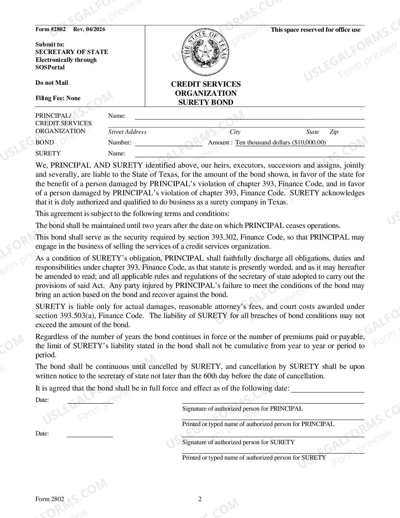 Preview Credit Services Organization Surety Bond