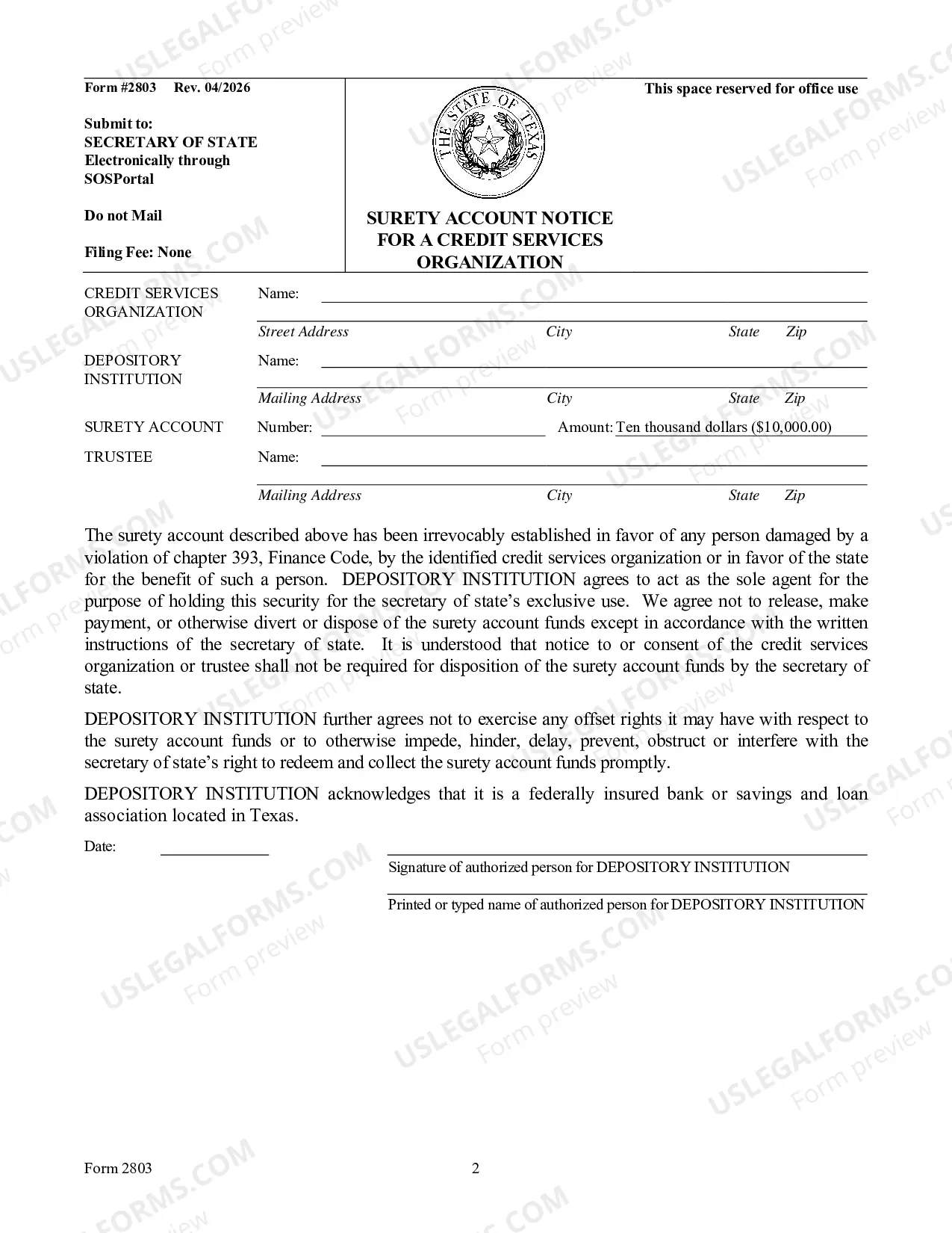 Preview Surety Account Notice For A Credit Services Organization